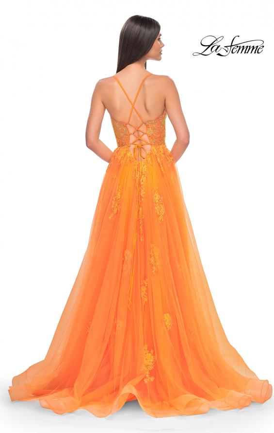 Picture of: A-Line Tulle Gown with Scallop Detail Bodice and Lace Applique in Orange, Style: 32028, Detail Picture 10