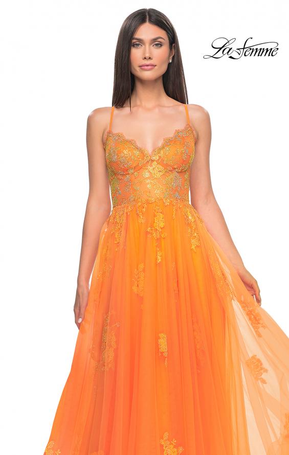 Picture of: A-Line Tulle Gown with Scallop Detail Bodice and Lace Applique in Orange, Style: 32028, Detail Picture 11