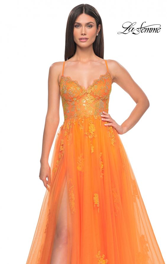 Picture of: A-Line Tulle Gown with Scallop Detail Bodice and Lace Applique in Orange, Style: 32028, Detail Picture 12