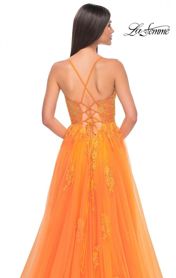 Picture of: A-Line Tulle Gown with Scallop Detail Bodice and Lace Applique in Orange, Style: 32028, Detail Picture 13