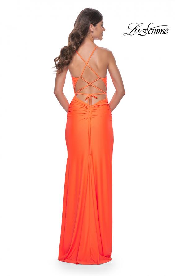 Picture of: Ruched Jersey Dress with Draped Neckline and High Slit in Orange, Style: 32152, Detail Picture 17