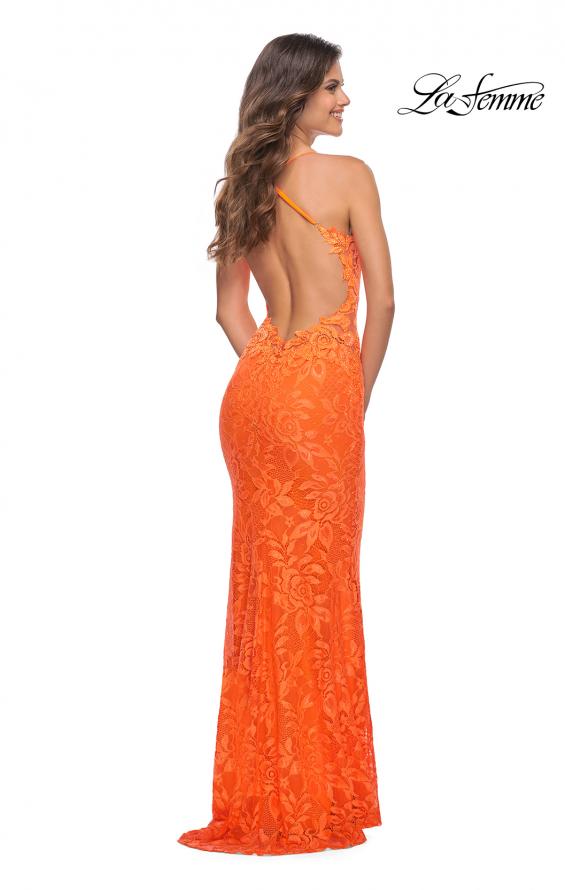 Picture of: Lace Prom Dress with Illusion Embellished Sides in Neon Colors in Orange, Back Picture