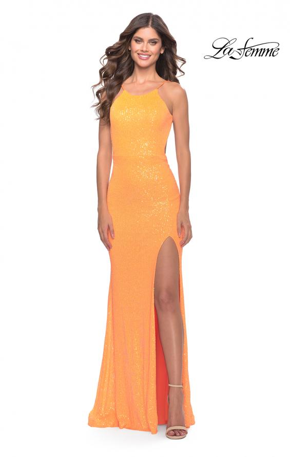 Picture of: High Neck Long Sequin Gown with Open Back in Orange, Style: 30635, Detail Picture 2