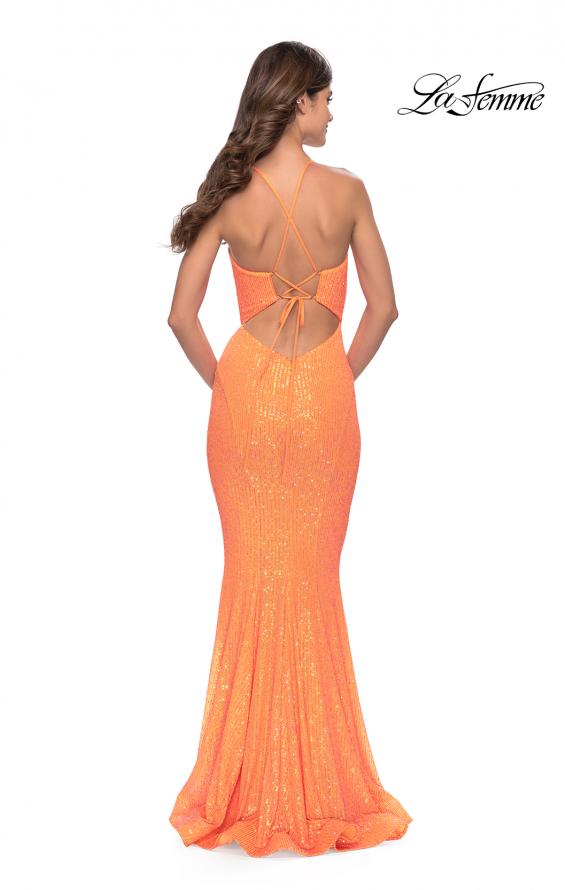 Picture of: Fitted Stretch Sequin Dress with Open Back and Defined Cups in Neon in Orange, Style: 31199, Detail Picture 2