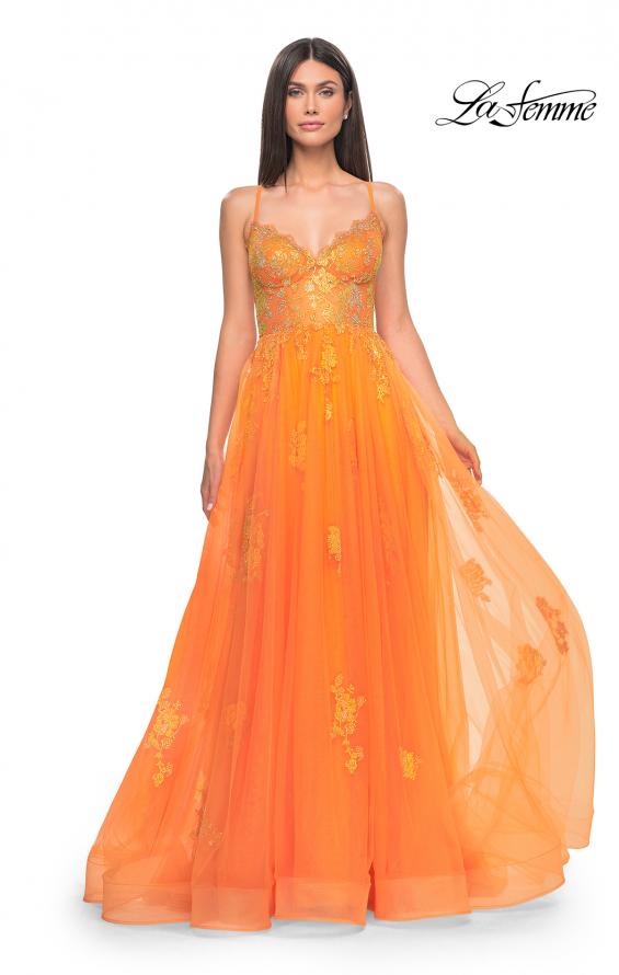 Picture of: A-Line Tulle Gown with Scallop Detail Bodice and Lace Applique in Orange, Style: 32028, Detail Picture 2