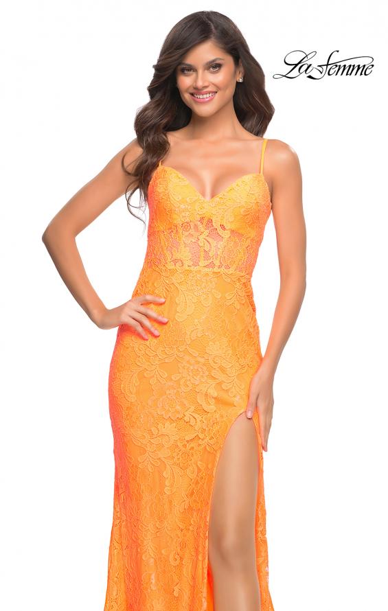 Picture of: Lace Prom Gown With Sheer Bodice and Tie Up Back in Orange, Style: 30671, Detail Picture 3