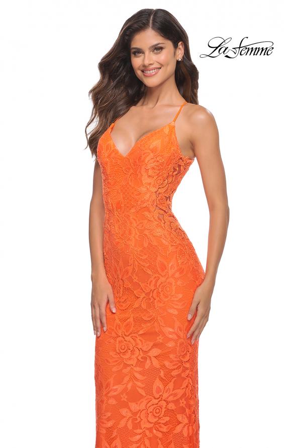 Picture of: Lace Prom Dress with Illusion Embellished Sides in Neon Colors in Orange, Detail Picture 3