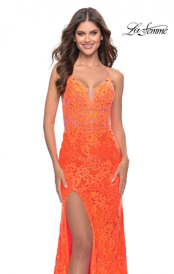Picture of: Stretch Lace Prom Dress in Neon Pink in Orange, Style: 29987, Detail Picture 5
