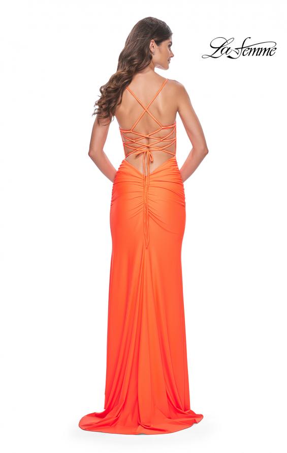 Picture of: Neon Illusion Lace Bodice Prom Dress with Rhinestones in Orange, Style: 32321, Detail Picture 5