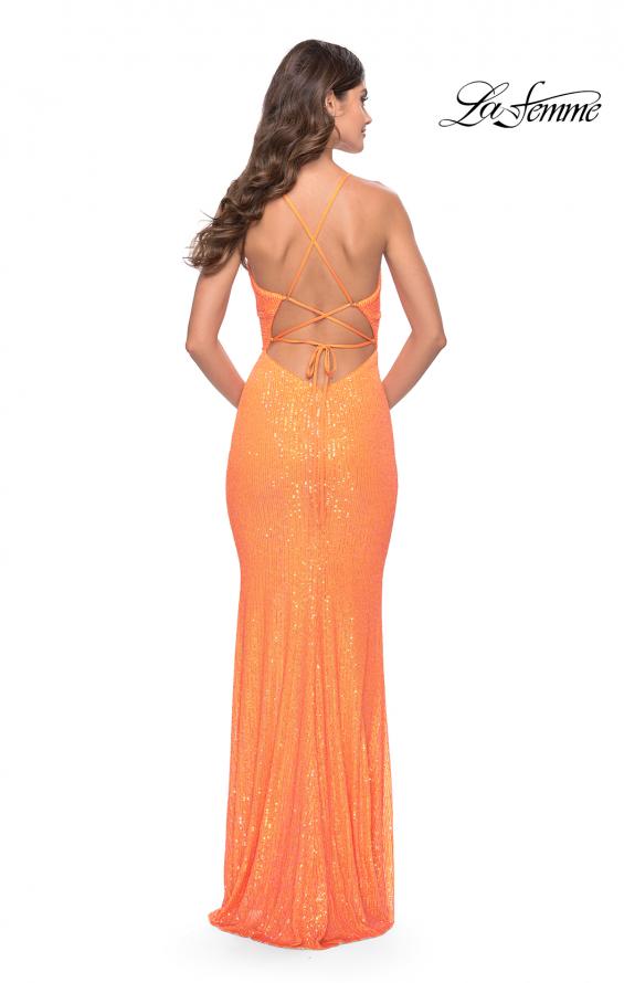 Picture of: Sequin Stretch Long Prom Dress with Banded Waist in Neon in Orange, Style: 31137, Detail Picture 6