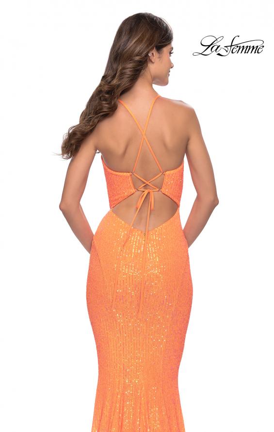 Picture of: Fitted Stretch Sequin Dress with Open Back and Defined Cups in Neon in Orange, Style: 31199, Detail Picture 6
