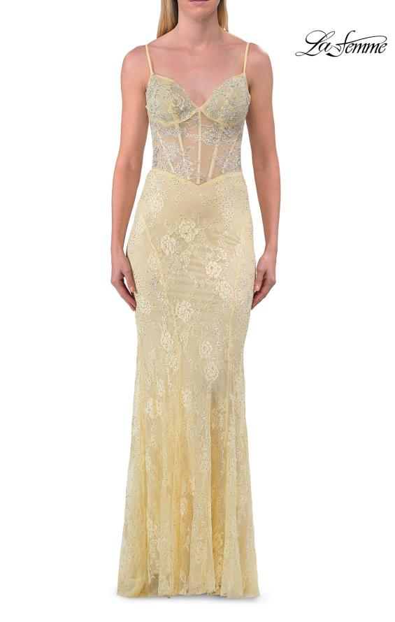 Picture of: Lace Fitted Gown with Sheer Bodice and Spaghetti Straps in Pale Yelllow, Style: 33485, Detail Picture 15