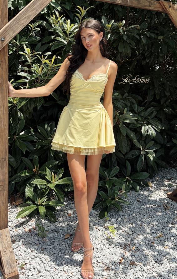 Yellow Picture of: Embellished Lace Trim Fit-and-Flare Mini Dress in Pale Yellow, Style 34144, Detail Picture 7