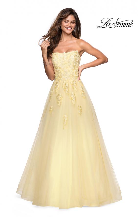 Picture of: Lace Accented Strapless Ball Gown with Pockets in Pale Yellow, Style: 27330, Main Picture