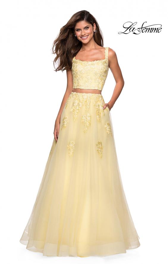 Picture of: Two Piece Floor Length Prom Dress with Lace Detail in Pale Yellow, Style: 27489, Main Picture