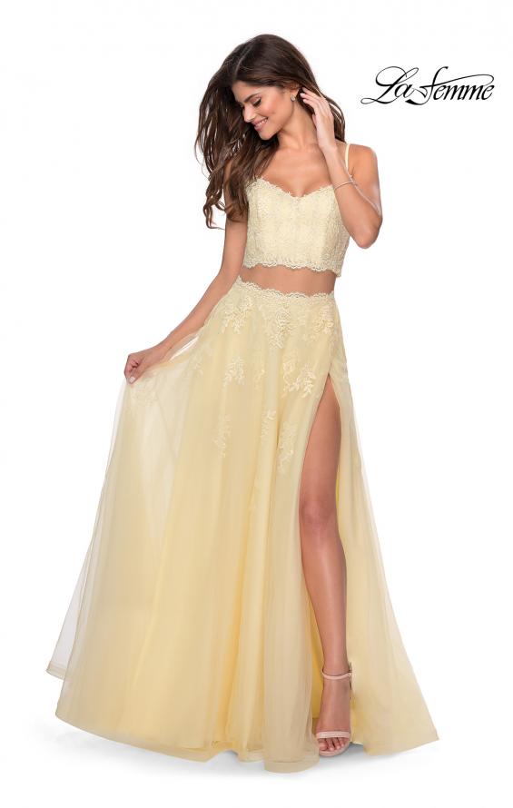 Picture of: Long Two Piece Tulle Gown with Floral Embroidery in Pale Yellow, Style: 28271, Main Picture