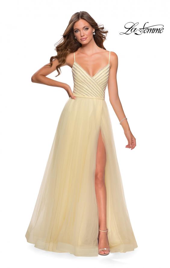 Picture of: Tulle A-line Dress with Patterned Rhinestone Bodice in Pale Yellow, Style: 28511, Main Picture