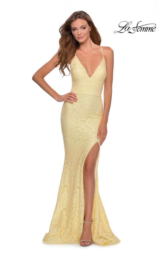Picture of: Long Stretch Lace Prom Dress with Plunging Neckline in Pale Yellow, Style: 28640, Main Picture