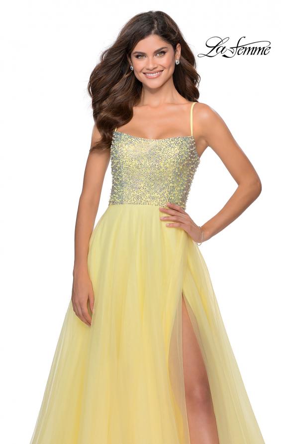 Picture of: Long Tulle Ball Gown with Beaded Bodice and Slit in Pale Yellow, Style: 28530, Detail Picture 8