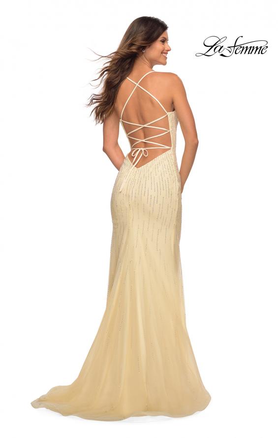 Picture of: Long Jeweled Pastel Prom Gown with Lace Up Back in Pale Yellow, Detail Picture 8