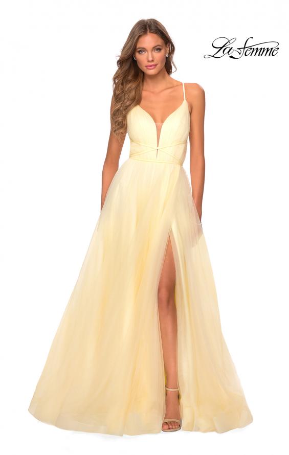 Picture of: Long Tulle Prom Dress with Criss Cross Bodice Detail in Pale Yellow, Style: 28893, Detail Picture 8