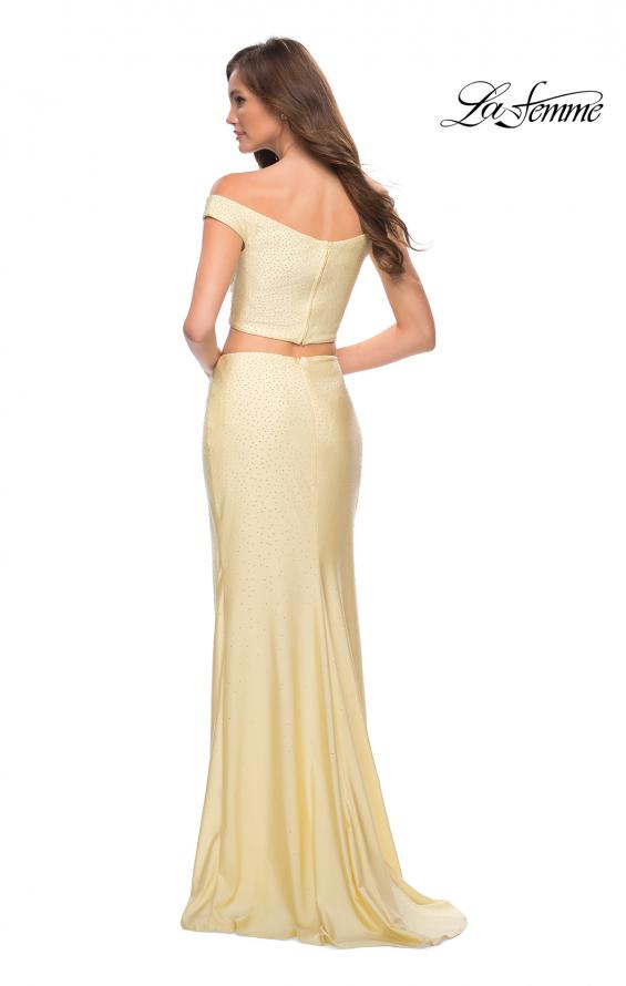 Picture of: Rhinestone Off the Shoulder Jersey Two Piece Prom Dress in Pale Yellow, Style 29951, Detail Picture 8