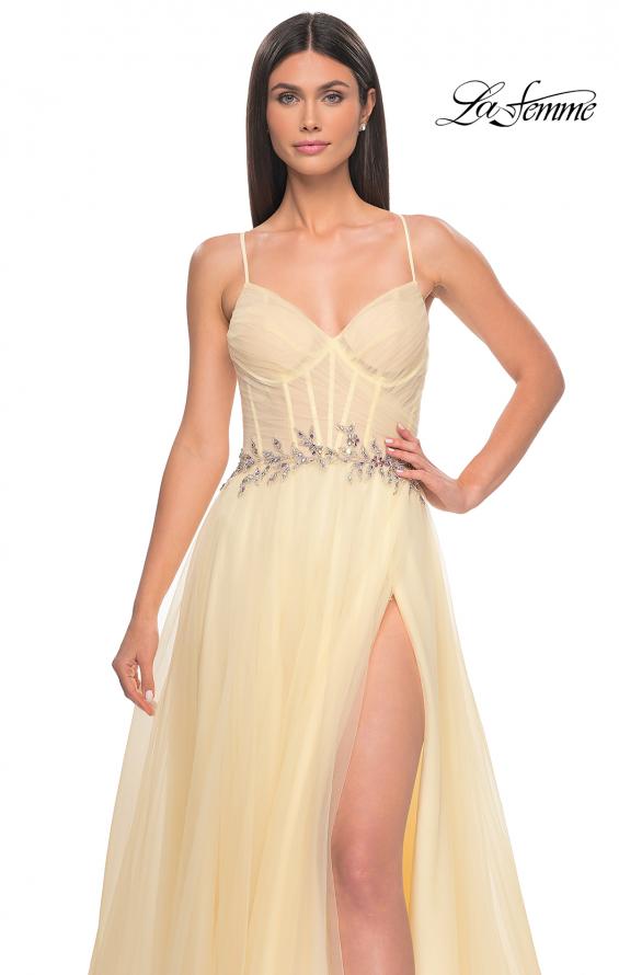 Picture of: A-Line Prom Gown with Ruched Bodice and Rhinestone Belt Detail in Pale Yellow, Style: 32117, Detail Picture 8