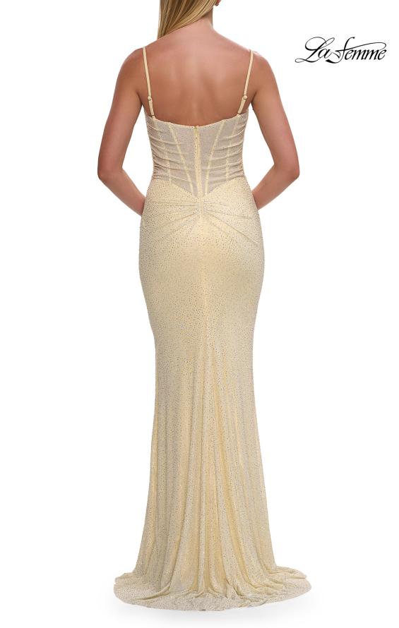 Yellow Picture of: Cowl Neck Rhinestone Gown with Side Ruching and High Slit in Pale Yellow, Style: 33272, Detail Picture 8
