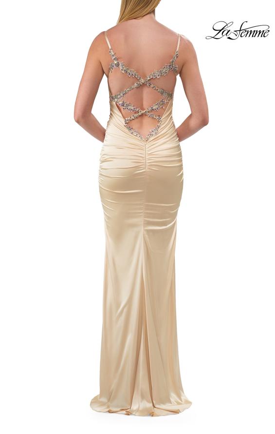 Picture of: Fitted Satin Gown with Jeweled Back Straps in Pale Yellow, Style: 33798, Detail Picture 8