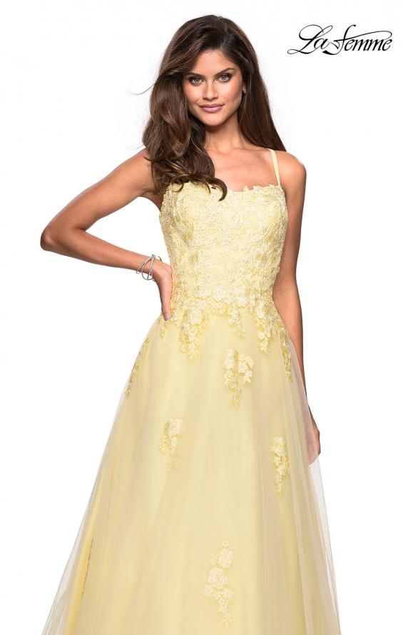 Picture of: Floor Length Tulle Ball Gown with Lace Accents in Pale Yellow, Style: 27441, Detail Picture 9