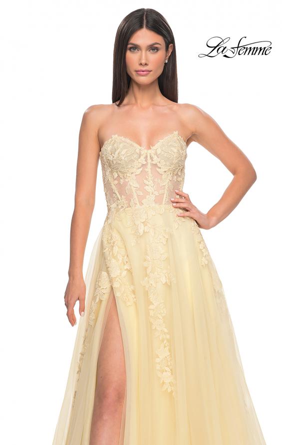 Picture of: Sweetheart Strapless Gown with Beautiful Lace Applique in Pale Yellow, Style: 32082, Detail Picture 9