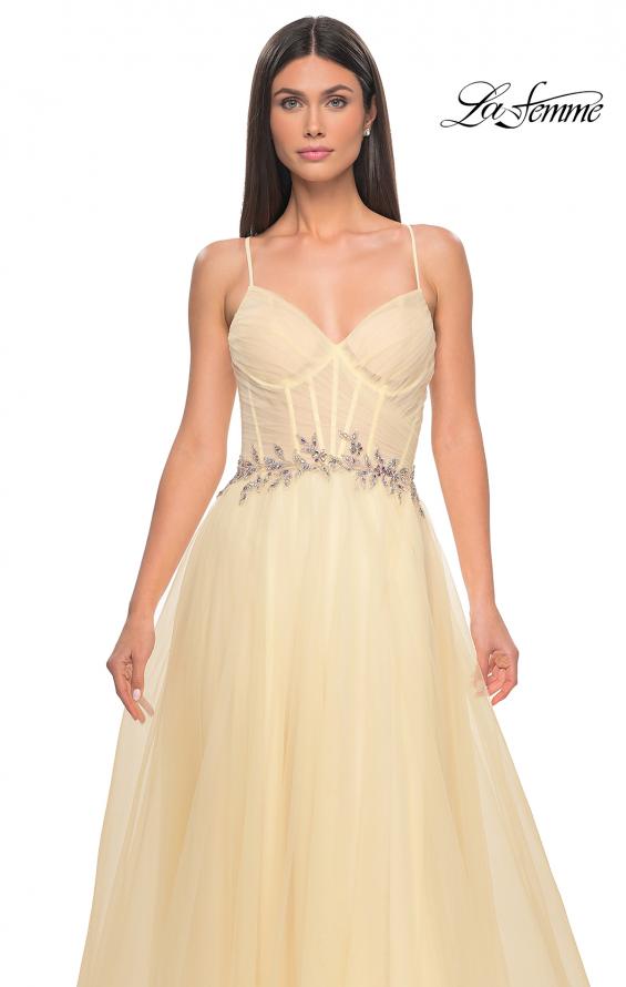 Picture of: A-Line Prom Gown with Ruched Bodice and Rhinestone Belt Detail in Pale Yellow, Style: 32117, Detail Picture 9