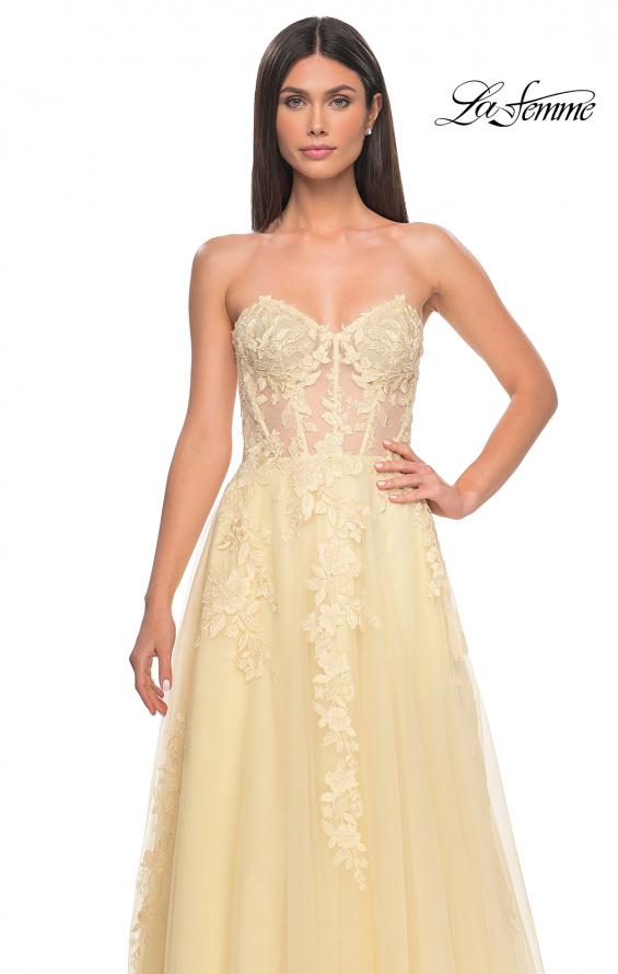 Picture of: Sweetheart Strapless Gown with Beautiful Lace Applique in Pale Yellow, Style: 32082, Detail Picture 10