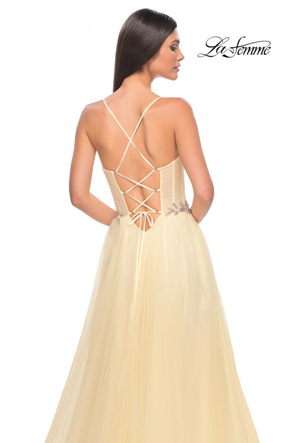 Picture of: A-Line Prom Gown with Ruched Bodice and Rhinestone Belt Detail in Pale Yellow, Style: 32117, Detail Picture 10