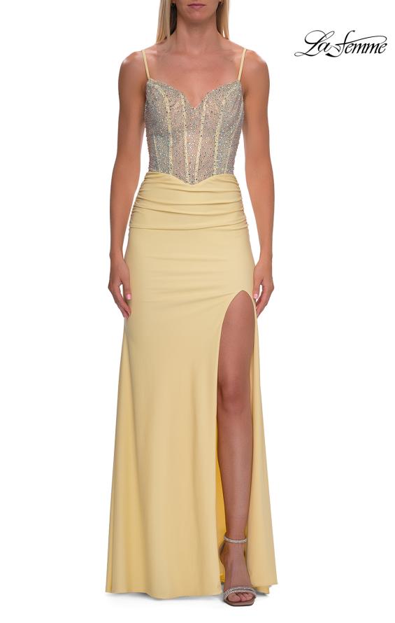 Picture of: Rhinestone Corset Gown with Slit and Ruching in Pale Yellow, Style: 33357, Detail Picture 10