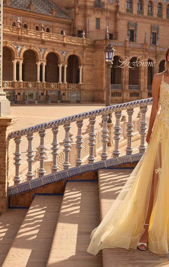Picture of: Floral Beaded Tulle Gown with Slit and Lace-Up Back in Pale Yellow, Style: 33716, Detail Picture 10, Landscape