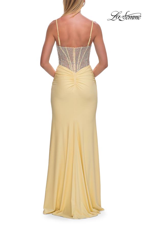 Picture of: Rhinestone Corset Gown with Slit and Ruching in Pale Yellow, Style: 33357, Detail Picture 11