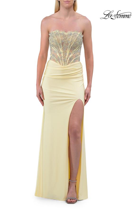 Picture of: Strapless Rhinestone Corset Gown with High Slit and Ruched Back in Pale Yellow, Style: 33509, Detail Picture 11