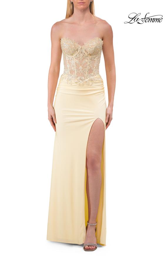 Picture of: Strapless Rhinestone Corset Gown with High Slit in Pale Yellow, Style: 33526, Detail Picture 11
