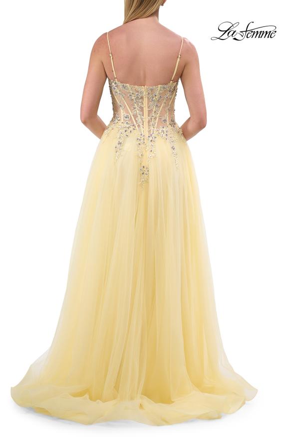 Picture of: Beaded Tulle A-Line Gown with Sheer Corset Bodice in Pale Yellow, Style: 33702, Detail Picture 11