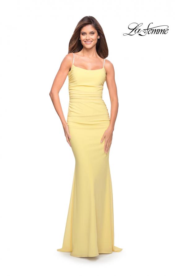 Picture of: Net Jersey Long Dress with Ruching and Diamond Straps in Pale Yellow, Style: 30701, Detail Picture 12