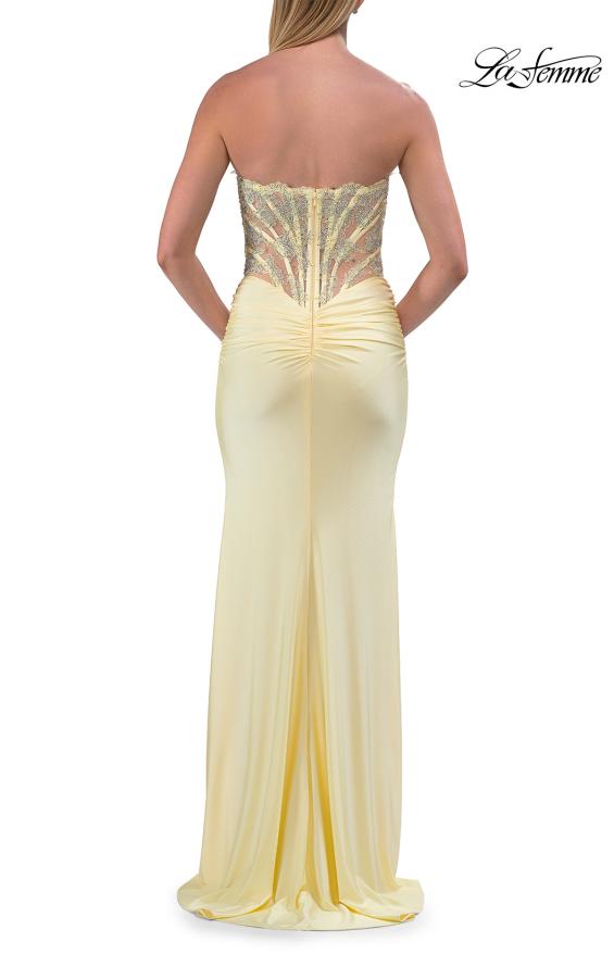 Picture of: Strapless Rhinestone Corset Gown with High Slit and Ruched Back in Pale Yellow, Style: 33509, Detail Picture 12