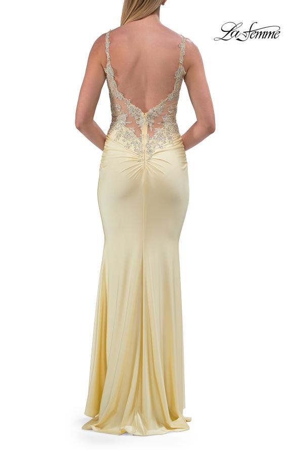 Picture of: Rhinestone Lace Illusion Gown with Low Back in Pale Yellow, Style: 33731, Detail Picture 12