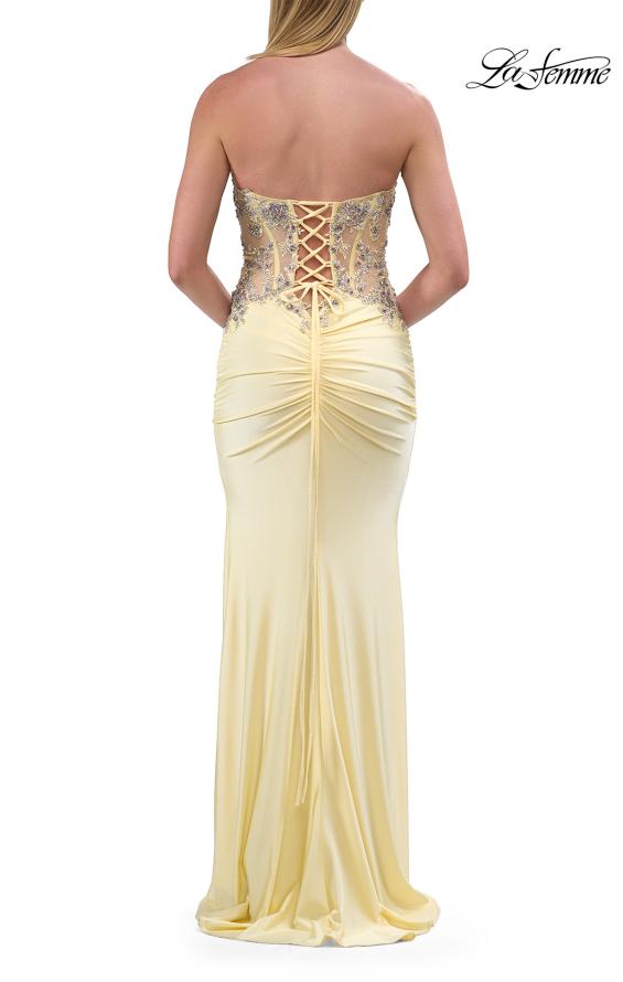 Picture of: Strapless Embellished Corset Gown with High Slit and Lace-Up Back in Pale Yellow, Style: 33761, Detail Picture 12