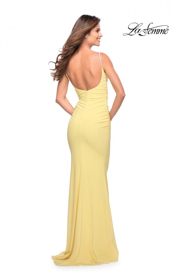 Picture of: Net Jersey Long Dress with Ruching and Diamond Straps in Pale Yellow, Style: 30701, Detail Picture 13
