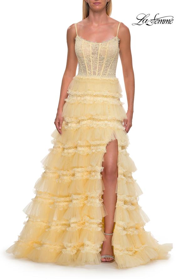 Yellow Picture of: Tiered Ruffle Gown with Beaded Bodice and High Slit in Pale Yellow, Style: 33493, Detail Picture 13