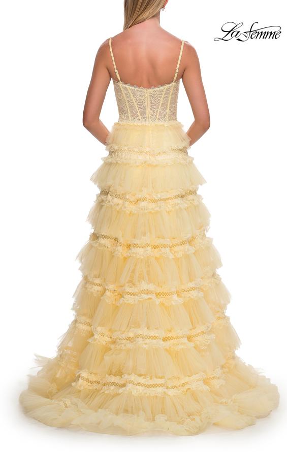 Yellow Picture of: Tiered Ruffle Gown with Beaded Bodice and High Slit in Pale Yellow, Style: 33493, Detail Picture 14