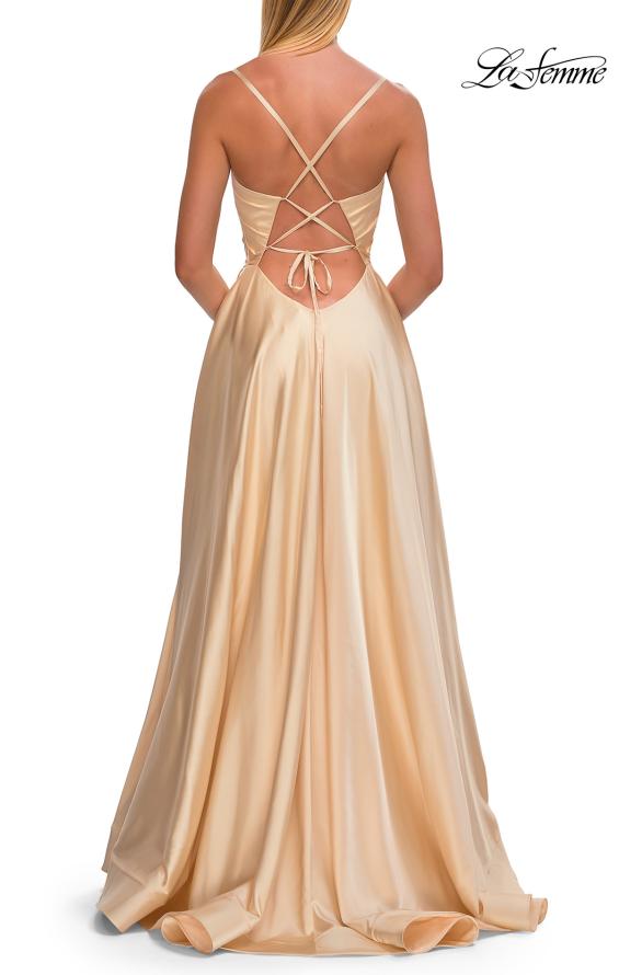 Yellow Picture of: A-Line Satin Gown with Draped Bodice, Slit, and Lace-Up Back in Pale Yellow, Style: 33373, Detail Picture 15