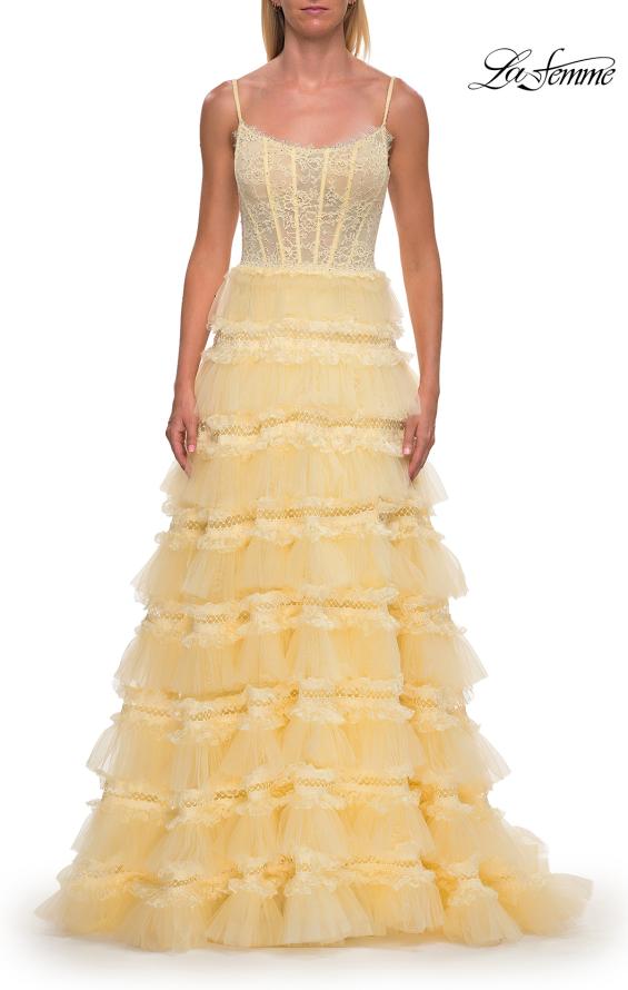 Yellow Picture of: Tiered Ruffle Gown with Beaded Bodice and High Slit in Pale Yellow, Style: 33493, Detail Picture 15