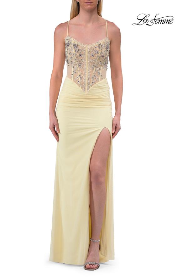 Picture of: Embroidered Corset Gown with Sheer Bodice and High Slit in Pale Yellow, Style: 33783, Detail Picture 15